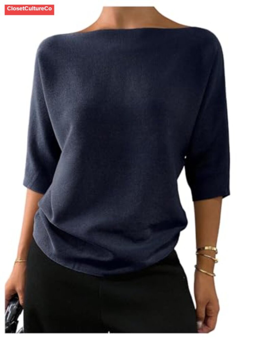 Viscose Knit Sweater Pullover with Boat Neck and Half Sleeves in a Casual
